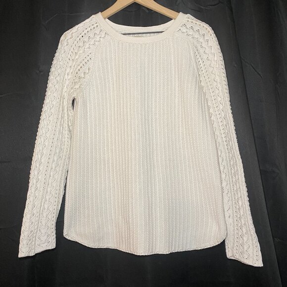 Ann Taylor Loft Cream Cable Knit Sweater Womens L 100% Cotton Ivory Crew EUC - Picture 1 of 9